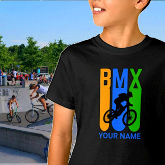 Voeg Naam of Tekst BMX Bike Rider Oranje Blue Gree T-shirt