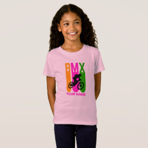 Voeg Naam of Tekst BMX Bike Rider Oranje Roze Groe T-shirt