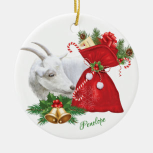 VOEG NAAM Saanen Goat MET Vakantigeergeest TOE Keramisch Ornament