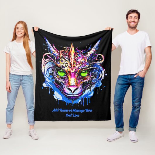 Voeg naam tekst, blauw roze fantasie draak groene fleece deken (In situ)