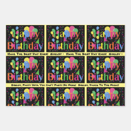 Voeg naam & tekst Happy Birthday Balloons toe 3 Inpakpapier Vel