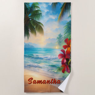 Voeg Naam toe, Beach Scène met Rode Bloemen Strandlaken