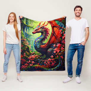 Voeg naam toe, Bloemendraak met rode vleugels Fleece Deken