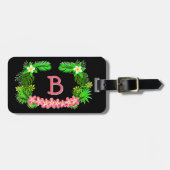 Voeg naam, tropische groene roze bloemen op zwart bagagelabel (Voorkant horizontaal)