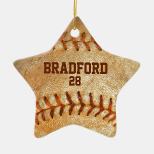 Voeg naam Vintage Witte Baseball rode stiksels toe Keramisch Ornament