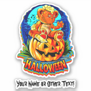 Voeg Naam Zombie Teddybeer Pompoen Mes Halloween Sticker
