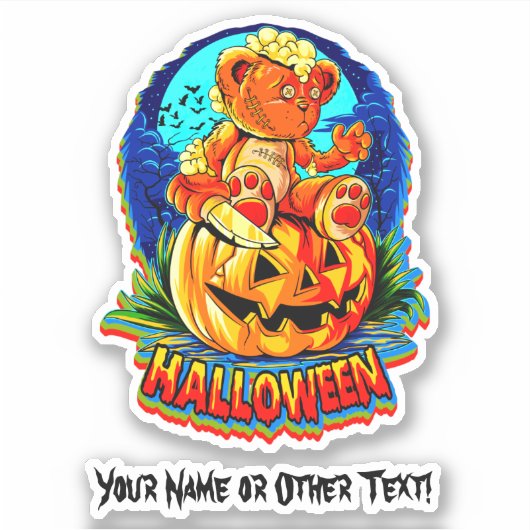 Voeg Naam Zombie Teddybeer Pompoen Mes Halloween Sticker (Voorkant)