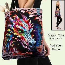 Voeg naamtekst, 3D Rainbow Dragon gebarsten muur t Draagtas
