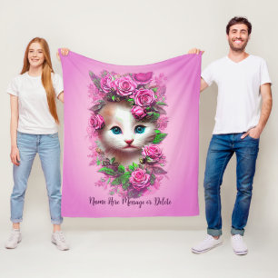 Voeg naamtekst toe, Cute Shabby Chic Kitten, Roze  Fleece Deken