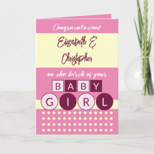 Voeg namen pink geel nieuwe baby meisje toe kaart