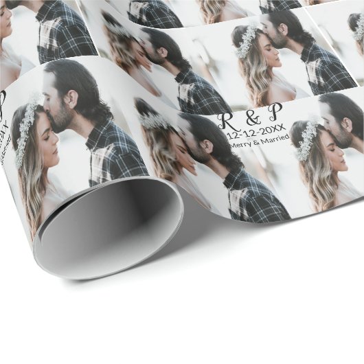 Voeg paar foto vrolijk getrouwd toe voeg datum toe cadeaupapier (Rol Hoek)