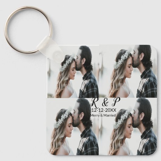 Voeg paar foto vrolijk getrouwd toe voeg datum toe sleutelhanger (Voorkant)