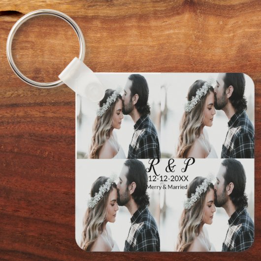 Voeg paar foto vrolijk getrouwd toe voeg datum toe sleutelhanger (Voorkant)