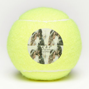 Voeg paar foto vrolijk getrouwd toe voeg datum toe tennisballen