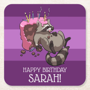Voeg toe Jouw naam Happy Birthday Funny Raccoon Ca Vierkante Kartonnen Onderzetter