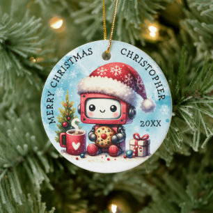 Voeg toe Jouw naam Merry Christmas Schattige Robot Keramisch Ornament