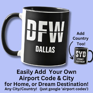 Voeg uw code & stad, luchthavencode DFW Dallas Mok