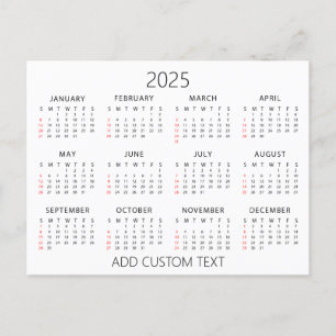 voeg uw eigen tekst toe 2025 Kalender   Briefkaart