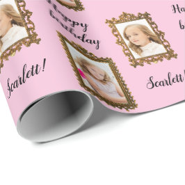 Voeg uw FOTO en NAAM Roze Birthday Wrapping Paper  Cadeaupapier