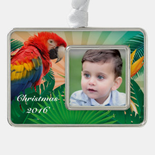 Voeg uw foto met speciale kerstparrot toe verzilverd kader ornament
