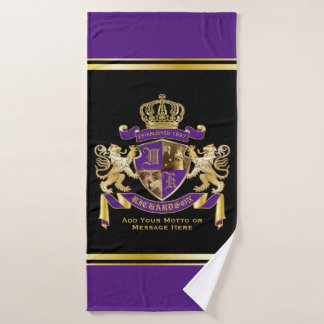 Voeg uw fotocoat van wapenmonogram Embleem-Paars t Badhanddoek