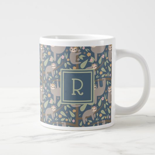 Voeg uw Initiaal toe | Cute Floral Sloth Pattern Extra Grote Beker (Rechts)
