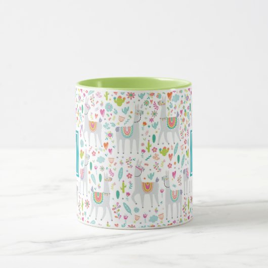 Voeg uw Initiaal toe | Cute Pastel Llama Pattern Mok (Midden)