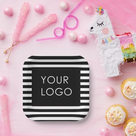 Voeg uw Logo  Business Black Stripe toe Papieren Bordje (Feest)