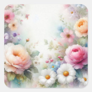 Voeg uw tekst toe Lege sjabloon Waterverf Bloemen Vierkante Sticker
