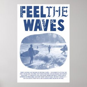 Voel de golven surfprint blauwe oceaan kunst, kust poster
