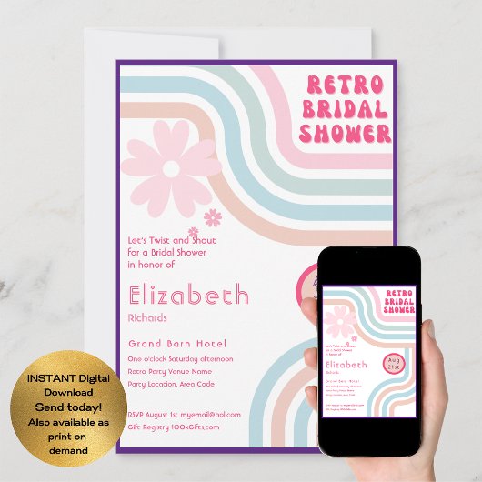 Voel het Ritme! Kosmische Retro 70s Bruidsdouche Kaart