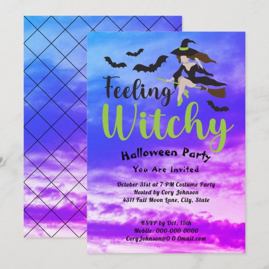 Voeling van Witchy Bats Witch Sky Halloween Party Kaart (Voorkant / Achterkant)