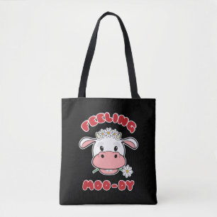 Voelt zich Moo-dig   Cute Cartoon Koe Quote Tote T Draagtas