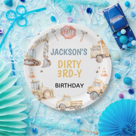 Voertuigen Gele Bouw Vuile 3rdy Verjaardag Papieren Bordje (Feest)