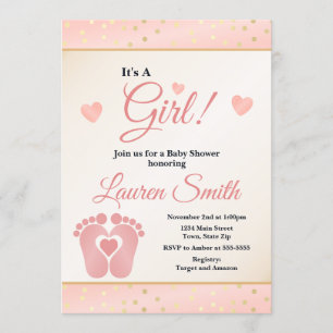 Voetafdruk Baby shower Invitation Girl, Baby Toes Kaart