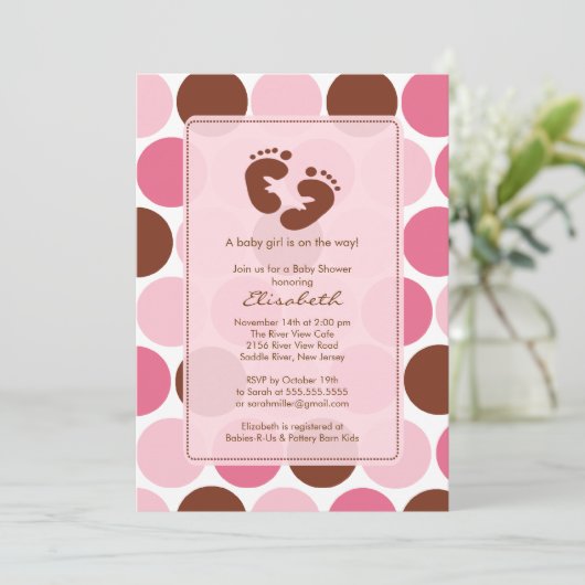 Voetafdruk Baby shower Uitnodiging Roze pokadots (Staand voorkant)