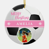 Voetbal Aangepaste Naam Vrolijk Kerstfoto Keramisch Ornament (Voorkant)