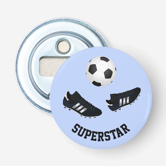 Voetbal aangepaste tekst blauw button flesopener (Voorkant)