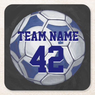 Voetbal Blauw en Wit Naam en Aantal Vierkante Kartonnen Onderzetter