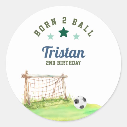 Voetbal “Born Two Ball” Tweede Verjaardag Ronde Sticker (Voorkant)