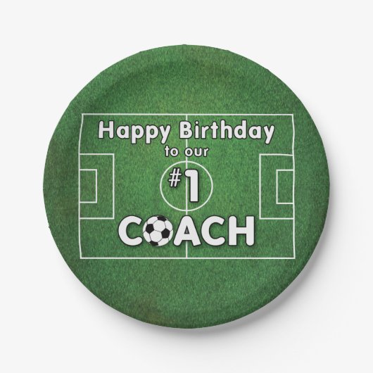 Voetbal coach Gejaard met grasveld en bal Papieren Bordje (Voorkant)