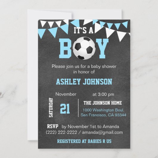 Voetbal Het is een Jongen Baby shower Chalkboard B Kaart (Voorkant)
