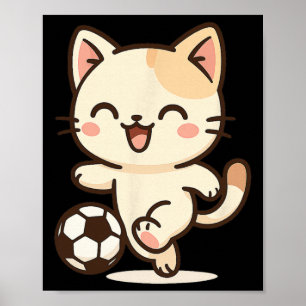 Voetbal Kawaii Kat Tekening. Cute Dieren Kunst.  Poster