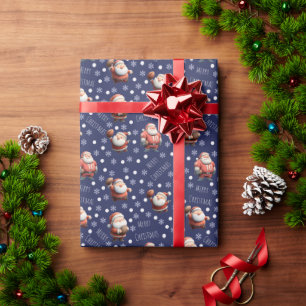 Voetbal Kerstman op Indigo Blauw Cadeaupapier