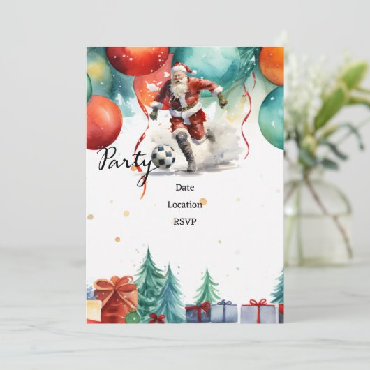 Voetbal Kerstmis met Kerstman spelen bal Save The Date (Staand voorkant)