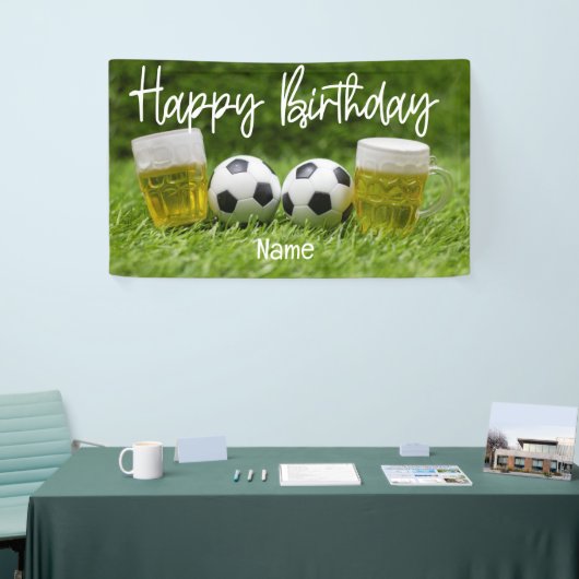 Voetbal met Happy Birthday met bier Spandoek (Beurs)