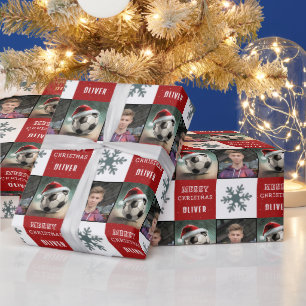 Voetbal met Kerstman Hoed Sneeuwvlok Foto Cadeaupapier