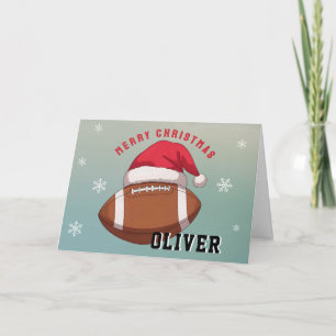 Voetbal met rode kerstman hoed naam kerstmis feestdagen kaart