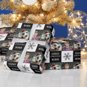 Voetbal met Santa Hat Sneeuwvlok Foto Cadeaupapier