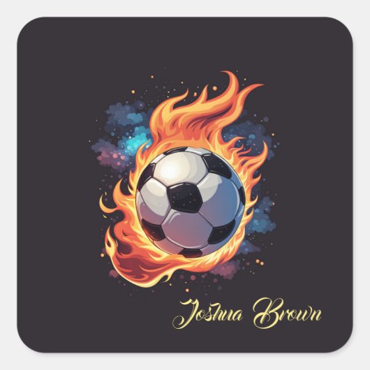 Voetbal met vlammen. vierkante sticker (Voorkant)